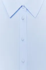 Camisa celeste de cuello solapa y manga larga con pliegues. Bajo asimétrico y cierre frontal con botones.
