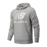 Canguro New Balance Essentials gris con capucha, cordones ajustables, bolsillo tipo canguro y logo de la marca estampado en blanco en el pecho.