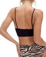 Bralette negro de encaje con tirantes finos y diseño seamless.