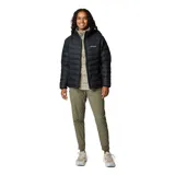 Campera puffer negra de Columbia, con cierre frontal, bolsillos laterales con cierre y logo de la marca bordado en el pecho.