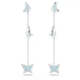 Aros colgantes plateados con forma de mariposas y cristales azules. Se pueden usar como aros de botón removiendo la cadena. Colección Lilia de Swarovski.