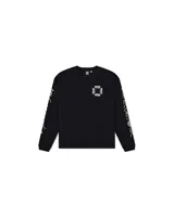 Remera blanca de manga larga con cuello redondo y estampado del logo de la marca Deus Ex Machina en el pecho y en las mangas.