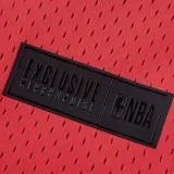 Camiseta deportiva roja de básquet, con cuello y mangas con ribete blanco y negro. Estampado frontal con el nombre "Chicago" en letras negras con borde blanco y el logo del equipo Chicago Bulls. Cierre frontal con botones a presión.