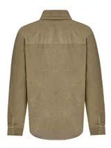 Camisa azul de cotelé de algodón orgánico, con calce holgado, cierre de botones a presión, cuello camisero y mangas largas.