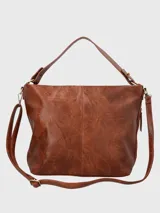 Cartera hobo de ecocuero color negro con detalles de cuero natural. Tiene un compartimento principal con cierre de cremallera, un bolsillo delantero con cuero, un bolsillo interior con cierre, una correa ajustable y removible extra, y forro interior 100% poliéster reciclado.
