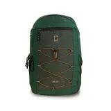 Mochila de senderismo color verde con panel frontal gris oscuro y cordón elástico cruzado color naranja. Tiene dos compartimentos principales con doble cierre, bolsillo frontal con cierre, dos bolsillos laterales elásticos, bolsillo oculto trasero, compartimento interno para laptop y bolsillo de malla.