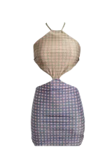 Vestido corto ajustado con estampado floral, cuello halter y espalda descubierta.