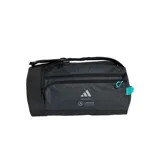 Bolso deportivo Adidas Mercedes AMG Petronas Formula One Team, color gris con detalles en negro y turquesa. Cuenta con múltiples bolsillos con cierre, correas acolchadas ajustables para hombros y correa ajustable con hebilla para el pecho.