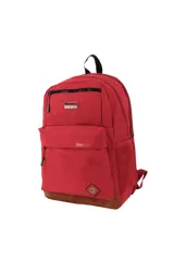 Mochila Discovery color bordeaux con base reforzada en color marrón. Presenta un compartimento principal con cierre, un bolsillo frontal de gran tamaño, un bolsillo superior pequeño con cierre y bolsillos laterales de malla. Incluye asa de mano superior y correas ajustables.