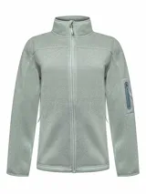 Micropolar verde agua con cierre completo y cuello alto. Cuenta con un bolsillo con cierre en la manga izquierda.