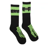 Medias negras con puño verde y diseño de pie de esqueleto en verde neón.