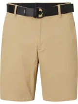 Shorts color beige confeccionados en sarga de algodón orgánico con elasticidad añadida, talle medio, corte slim, bragueta con cremallera, bolsillos en la costura lateral, bolsillos de ojal en la parte trasera y cinturón con hebilla en forma de D incluido.