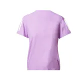 Remera de running Adidas Own The Run color lila con cuello redondo y mangas cortas. Presenta las tres tiras características de la marca en color blanco sobre los hombros y el logo en el pecho.