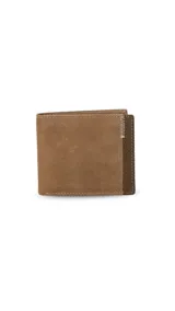 Billetera de cuero marrón con faja vertical combinada y detalle de costura en zigzag. Interior con doble repartición para billetes, visor, tarjeteros y monedero interno con cierre.