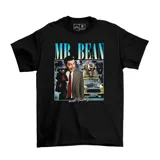 Remera negra de algodón con estampado de Mr. Bean y su oso Teddy. Incluye el texto 'Mr. Bean' en la parte superior y 'and Teddy' en la inferior.