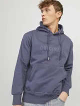 Hoodie tipo canguro azul con capucha y cordones ajustables. Estampado con la palabra "Originals" y el logo de Jack & Jones en el pecho.