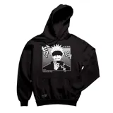 Canguro negro con capucha y bolsillo delantero, con estampado de Gojo Satoru de Jujutsu Kaisen.