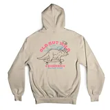 Canguro color crema con capucha, bolsillo delantero y puños y cintura acanalados. Estampado en el pecho de un dinosaurio sobre una patineta dentro de un círculo celeste.