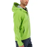 Campera impermeable Columbia Evapouration Jacket, color celeste, con capucha ajustable, cierre frontal completo, bolsillos laterales con cierre y ventilación en las axilas.