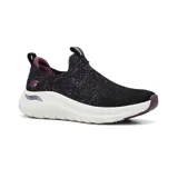 Championes deportivos Skechers Arch Fit 2.0 Sheer Shimmer, color negro con detalles en rosa y suela blanca. Diseño vegano con parte superior de tejido elástico con estampado espacial y plantilla Arch Fit extraíble.