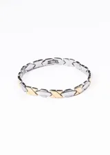 Brazalete italiano fabricado en acero quirúrgico de alta calidad. Diseño combinado en dorado y plateado con cierre desplegable.