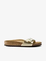 Sandalias Birkenstock modelo Madrid BF, color dorado metálico, con tira única ajustable con hebilla metálica y plantilla anatómica de corcho y látex. Suela de goma EVA.