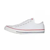 Zapatillas Converse Chuck Taylor All Star bajas, color blanco, con suela de goma blanca con detalles en rojo y azul.
