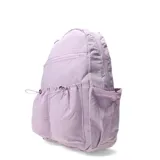 Mochila de tela color lila con múltiples bolsillos frontales y laterales con ajuste de cordón elástico.