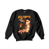 Buzo negro de algodón con cuello redondo y puños y cintura acanalados. Estampado frontal con imágenes del artista Catriel y el logo de la marca Emexem.