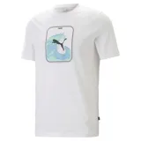 Remera blanca de algodón con cuello redondo y mangas cortas. Estampado en el pecho con el logo de Puma sobre una ola en tonos celeste y verde.