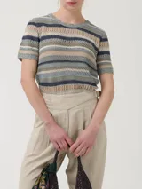 Remera de calado rayado con cuello redondo y manga corta. Confeccionada en algodón orgánico con lurex.
