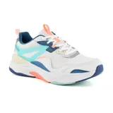 Championes Skechers Mira Big Praise, blancos con detalles en celeste, azul y naranja. Capellada de cuero, malla y material sintético con cordones. Plantilla acolchada Skechers Air-Cooled Memory Foam.