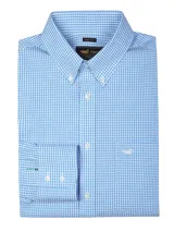 Camisa de hombre a cuadros celestes y blancos, de corte regular fit, con cuello abotonado, manga larga y bolsillo en el pecho con logo bordado.