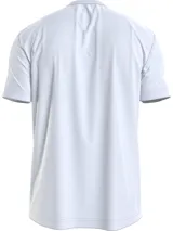 Remera blanca de manga corta con cuello redondo y logo Calvin Klein estampado en el pecho con efecto degradado.