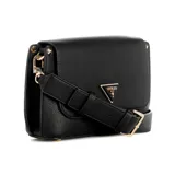Bandolera Guess Meridian chica color negro con logo triangular metálico dorado y correa ajustable.