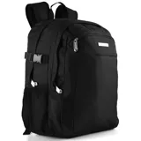 Mochila negra de diseño funcional, con compartimentos para guardar útiles y malla lateral.