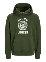 Canguro verde militar de Jack & Jones con capucha y bolsillo tipo canguro. Estampado frontal con logo de la marca en blanco.