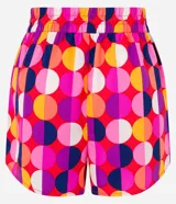 Short de playa con cintura elástica y lazo decorativo. Estampado de lunares grandes en tonos rosa, naranja, amarillo, blanco y violeta.