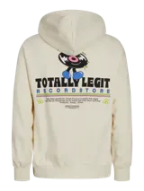 Hoodie color crema con capucha y manga larga, de corte holgado y estampado frontal con un personaje de caricatura y la frase "Totally Legit".