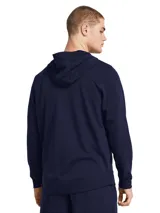 Campera Under Armour Rival Terry, color gris jaspeado, con cierre frontal completo, capucha con cordones ajustables y logo estampado en el pecho.
