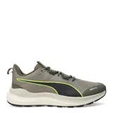 Championes de trail running Puma Reflect Lite, color beige con detalles en negro y amarillo. Presentan suela de goma con tecnología PROTREAD y entresuela de espuma EVA PUMALite.