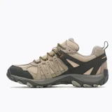 Sneaker de senderismo Merrell Accentor 3 WP, color beige con detalles en negro y cordones bicolores. Capellada de ante y malla impermeable, puntera reforzada, forro de malla reciclada, plantilla de EVA removible, entresuela de EVA ligera, amortiguación Merrell Air Cushion y suela de goma con tracción.