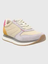 Zapatillas urbanas Hush Puppies Bliss Sun, con capellada de cuero y poliéster en tonos beige, verde y rosa. Suela de goma con tecnología memory foam.