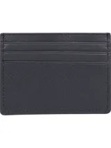 Tarjetero Tommy Hilfiger de cuero azul marino con múltiples ranuras para tarjetas y logo de la marca estampado en el frente.