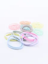 Pack de 16 coleros de pelo elásticos en colores lila, morado y violeta, con diseños lisos y en espiral.