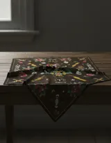 Pañuelo cuadrado de tela rústica color marrón con estampado de estilo tatuaje tradicional con serpientes, rosas, dagas, calaveras y rayos.