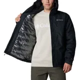 Campera impermeable Columbia Hikebound II Insulated para hombre, color negro, con capucha ajustable, cierre frontal con solapa y velcro, bolsillos con cremallera en pecho y manos, y forro termorreflectante Omni-Heat™.