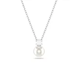 Collar con cadena plateada y dije con perla blanca colgante debajo de un cristal con forma de flor.