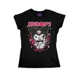 Remera negra entallada de algodón con estampado de Kuromi, el personaje de Sanrio, con detalles en rosa y blanco.