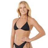 Top de bikini negro con textura bordada, corte triangular y tirantes finos.